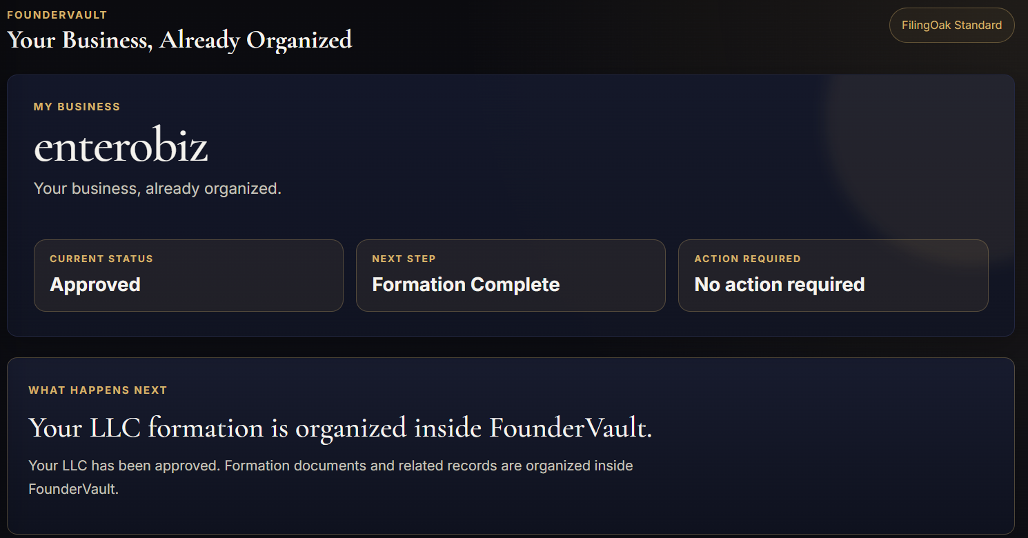 FounderVault dashboard showing business status, next step, and action required